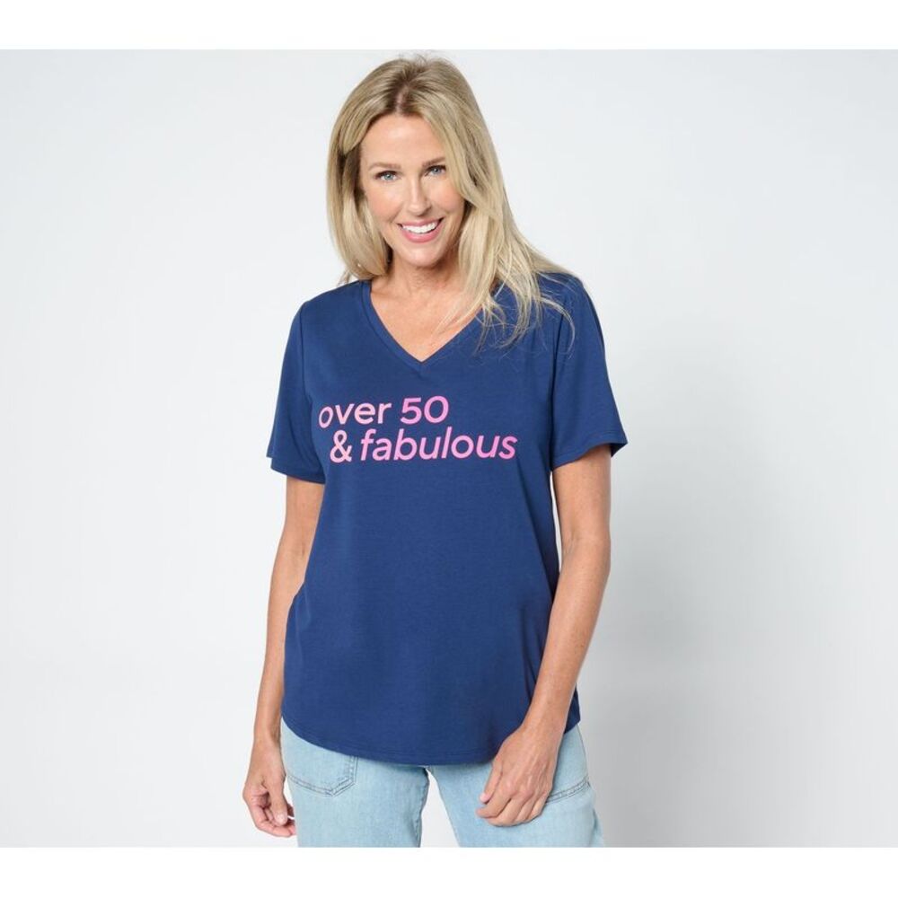 Liberare Women's Top Sz XS Over Fabulous Short Sleeve Graphic Knit Blue A630035